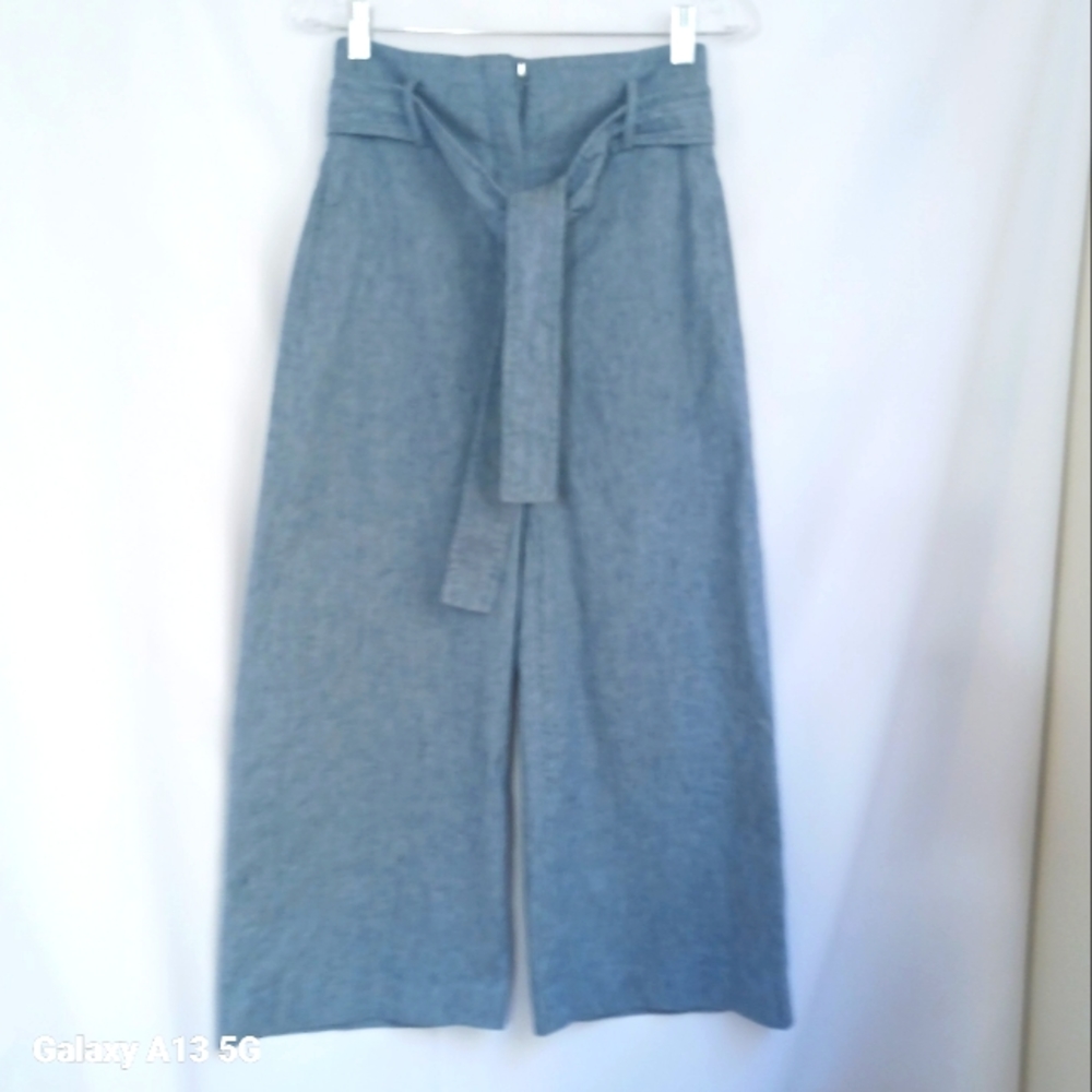 Theory Women's Belted Cropped Linen Pants Wide Leg Sz 0